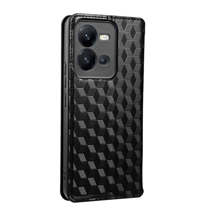 Phone Cover for vivo V25 5G / V25e 4G / X80 Lite 5G Bump Proof Rhombus Pattern Imprinted Magnetic PU Leather Flip Wallet Case Stand - Black