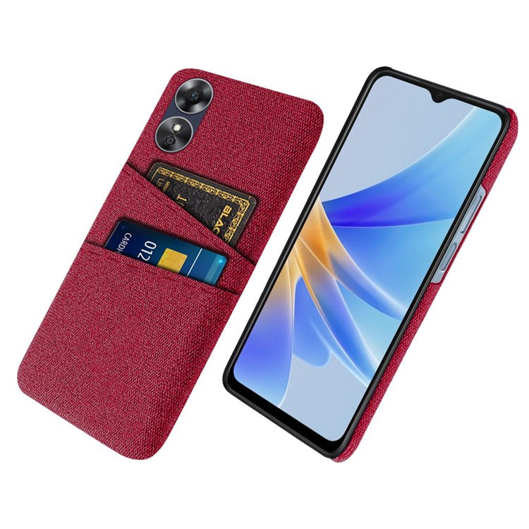 Phone Case for Oppo A17 4G / A17k 4G, Convenient Dual Card Slots Anti-scratch Cloth Coated Hard PC Protective Cover - Red