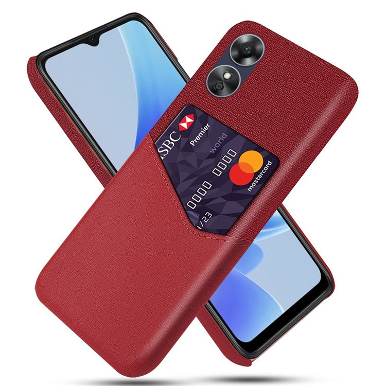 Phone Case for Oppo A17 4G / A17k 4G, Card Holder Design Anti-fall Cloth Texture Phone Case PU Leather Coated PC Cover - Red