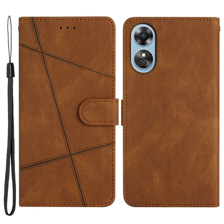 Wallet Phone Case for Oppo A17 4G / A17k 4G Lines Imprinted Protective Case Crazy Horse Texture PU Leather Cover with Strap - Brown