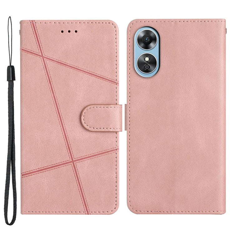 Wallet Phone Case for Oppo A17 4G / A17k 4G Lines Imprinted Protective Case Crazy Horse Texture PU Leather Cover with Strap - Rose Gold