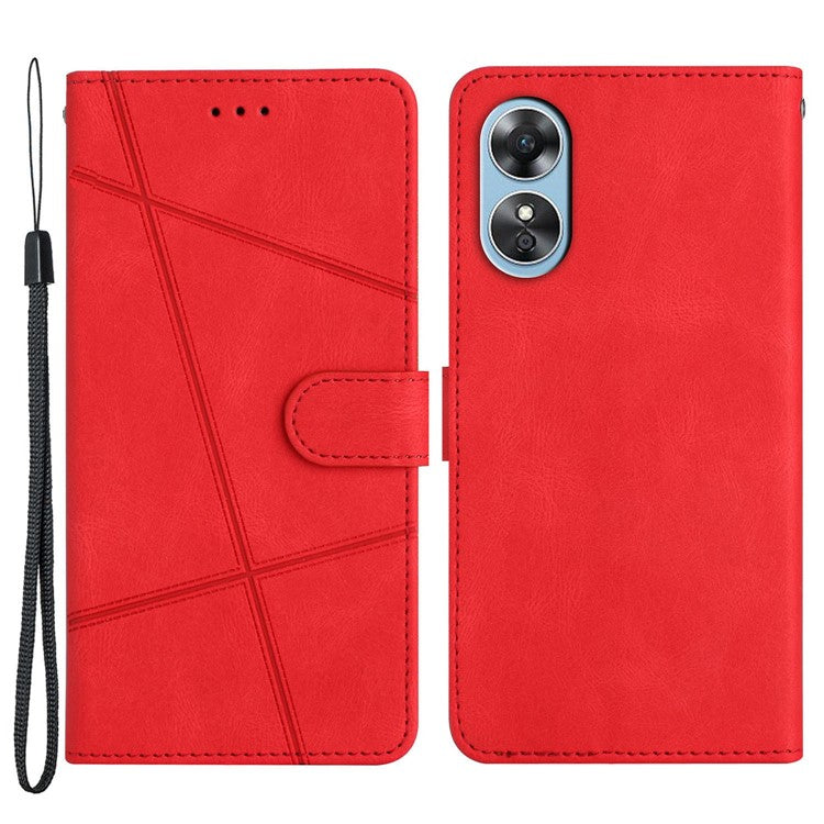 Wallet Phone Case for Oppo A17 4G / A17k 4G Lines Imprinted Protective Case Crazy Horse Texture PU Leather Cover with Strap - Red