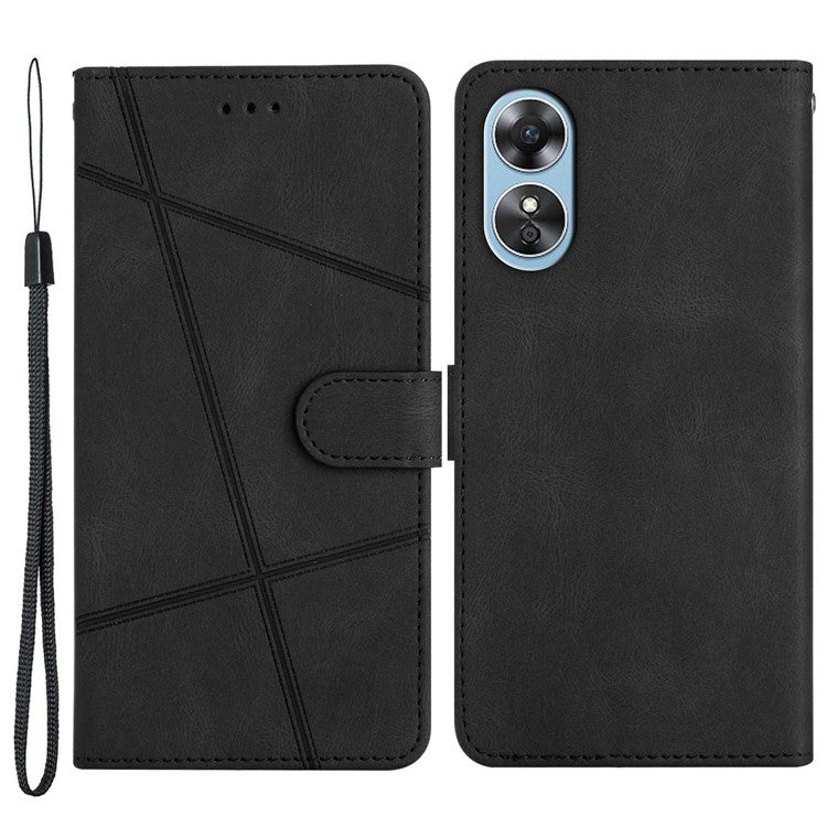 Wallet Phone Case for Oppo A17 4G / A17k 4G Lines Imprinted Protective Case Crazy Horse Texture PU Leather Cover with Strap - Black