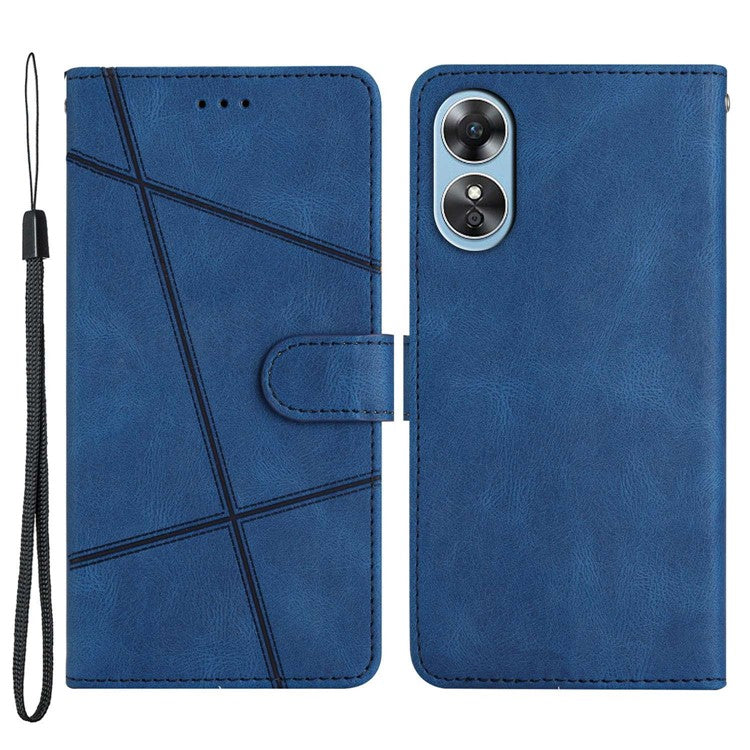 Wallet Phone Case for Oppo A17 4G / A17k 4G Lines Imprinted Protective Case Crazy Horse Texture PU Leather Cover with Strap - Blue