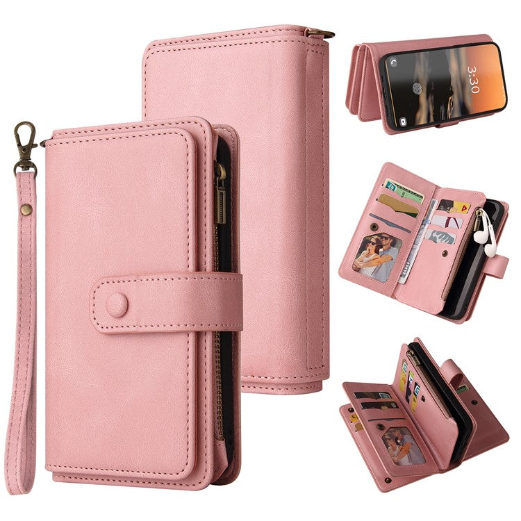 For Samsung Galaxy S23 Ultra KT Multi-Functional Series-2 Scratch Resistant Phone Shell, Multiple Card Slots Skin-touch Feeling Stand Wallet Flip Leather Case with Zipper Pocket - Pink