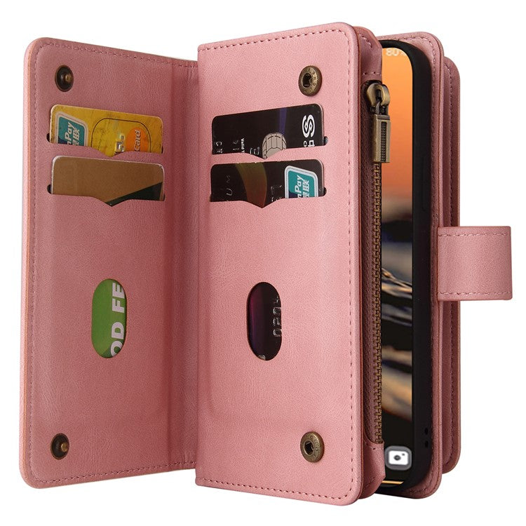 For Samsung Galaxy S23 Ultra KT Multi-Functional Series-2 Scratch Resistant Phone Shell, Multiple Card Slots Skin-touch Feeling Stand Wallet Flip Leather Case with Zipper Pocket - Pink