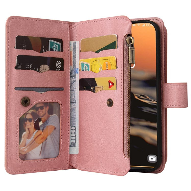 For Samsung Galaxy S23 Ultra KT Multi-Functional Series-2 Scratch Resistant Phone Shell, Multiple Card Slots Skin-touch Feeling Stand Wallet Flip Leather Case with Zipper Pocket - Pink