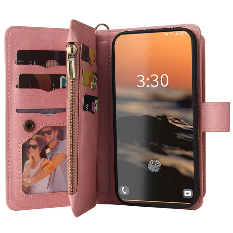 For Samsung Galaxy S23 Ultra KT Multi-Functional Series-2 Scratch Resistant Phone Shell, Multiple Card Slots Skin-touch Feeling Stand Wallet Flip Leather Case with Zipper Pocket - Pink