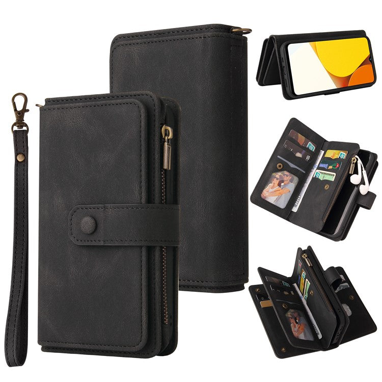 For vivo Y35 / Y22 4G / Y22s 4G KT Multi-Functional Series-2 Full Body Protection Phone Shell, Multiple Card Slots Skin-touch Feeling Stand Wallet Flip Leather Case with Zipper Pocket - Black