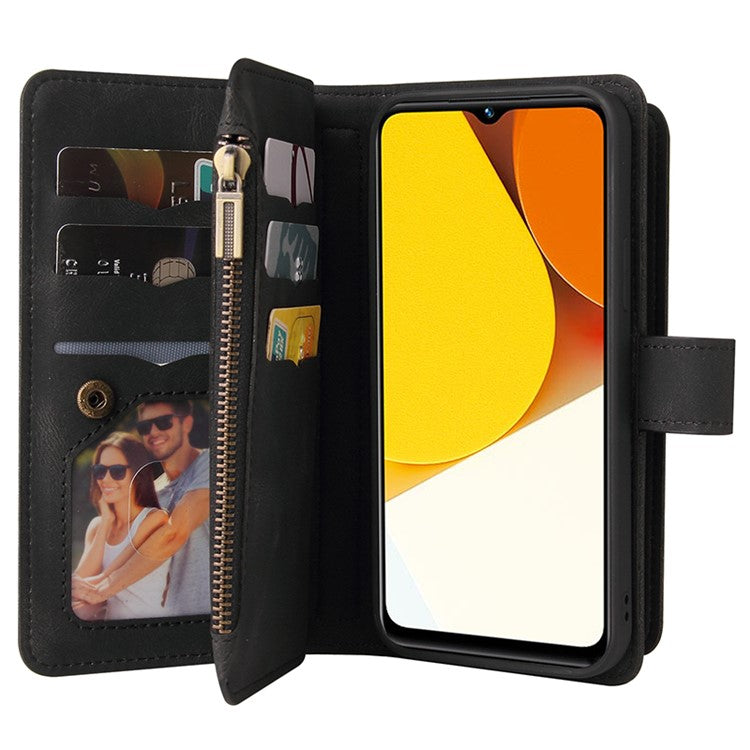 For vivo Y35 / Y22 4G / Y22s 4G KT Multi-Functional Series-2 Full Body Protection Phone Shell, Multiple Card Slots Skin-touch Feeling Stand Wallet Flip Leather Case with Zipper Pocket - Black