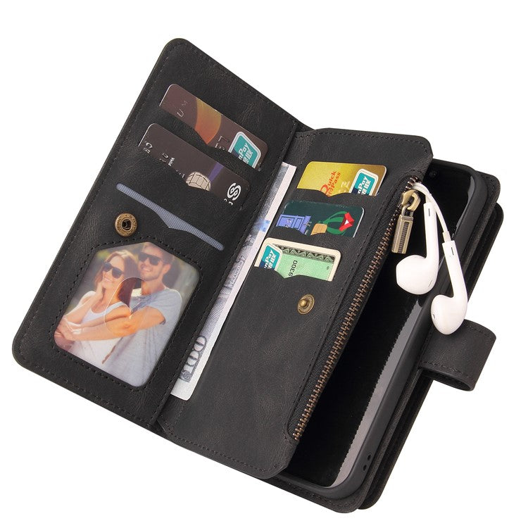 For vivo Y35 / Y22 4G / Y22s 4G KT Multi-Functional Series-2 Full Body Protection Phone Shell, Multiple Card Slots Skin-touch Feeling Stand Wallet Flip Leather Case with Zipper Pocket - Black