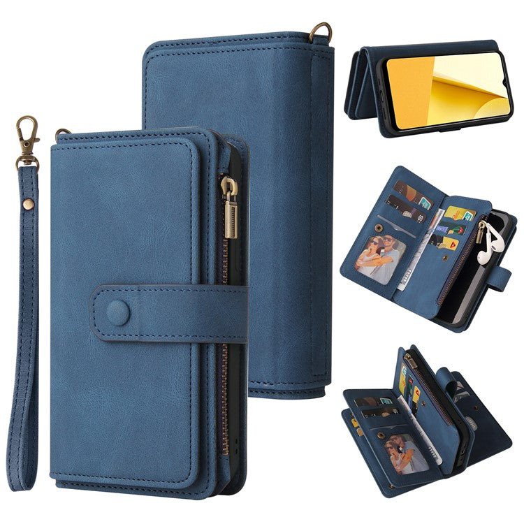 For vivo Y16 4G / Y02s 4G KT Multi-Functional Series-2 Skin-touch Feeling Foldable Stand Wallet Flip Leather Case with Multiple Card Slots Zipper Pocket - Blue