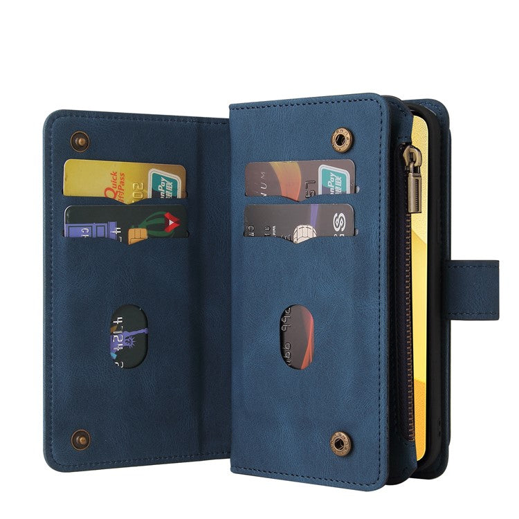 For vivo Y16 4G / Y02s 4G KT Multi-Functional Series-2 Skin-touch Feeling Foldable Stand Wallet Flip Leather Case with Multiple Card Slots Zipper Pocket - Blue