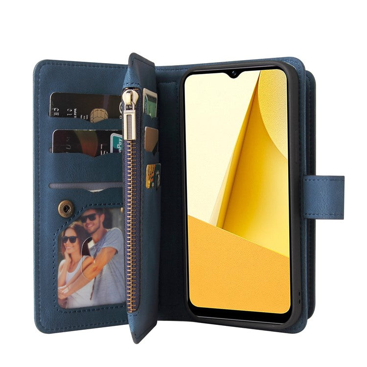 For vivo Y16 4G / Y02s 4G KT Multi-Functional Series-2 Skin-touch Feeling Foldable Stand Wallet Flip Leather Case with Multiple Card Slots Zipper Pocket - Blue