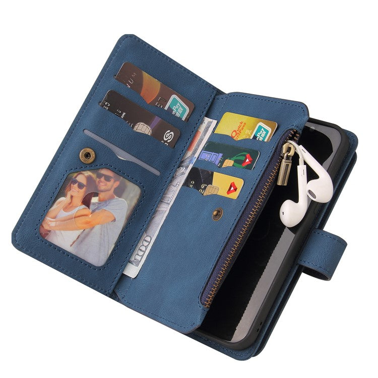 For vivo Y16 4G / Y02s 4G KT Multi-Functional Series-2 Skin-touch Feeling Foldable Stand Wallet Flip Leather Case with Multiple Card Slots Zipper Pocket - Blue