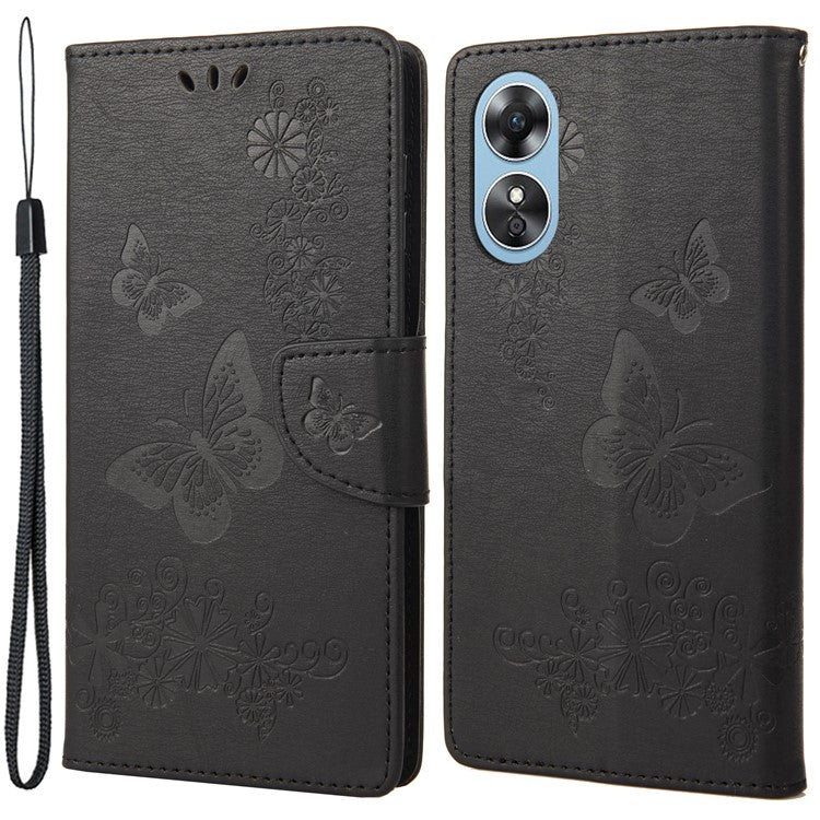 Mobile Phone Case for Oppo A17 4G / A17k 4G Wallet Phone Case Butterflies Flower Imprinting PU Leather Flip Folio Phone Cover with Stand - Black