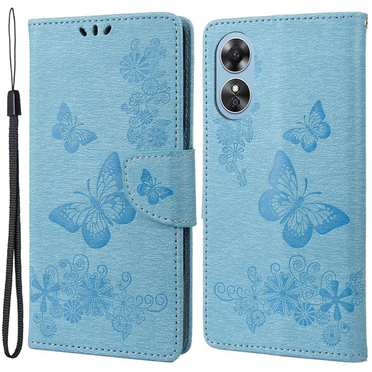 Mobile Phone Case for Oppo A17 4G / A17k 4G Wallet Phone Case Butterflies Flower Imprinting PU Leather Flip Folio Phone Cover with Stand - Blue