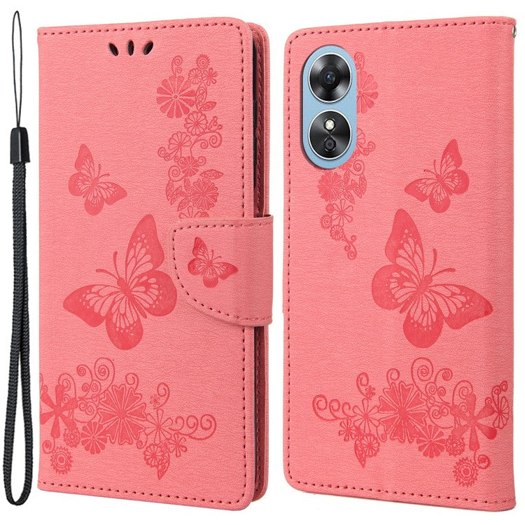 Mobile Phone Case for Oppo A17 4G / A17k 4G Wallet Phone Case Butterflies Flower Imprinting PU Leather Flip Folio Phone Cover with Stand - Pink