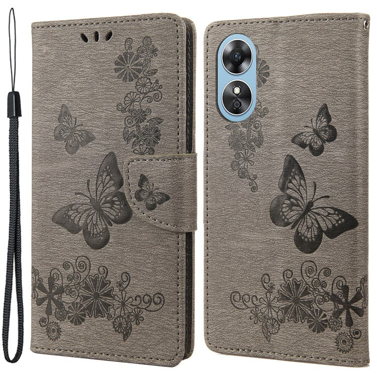 Mobile Phone Case for Oppo A17 4G / A17k 4G Wallet Phone Case Butterflies Flower Imprinting PU Leather Flip Folio Phone Cover with Stand - Grey