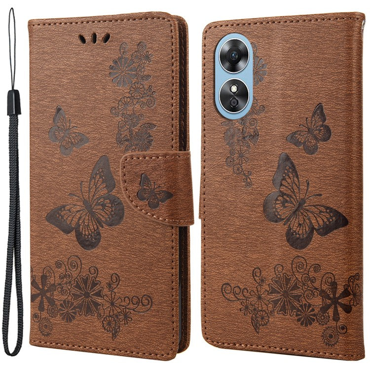 Mobile Phone Case for Oppo A17 4G / A17k 4G Wallet Phone Case Butterflies Flower Imprinting PU Leather Flip Folio Phone Cover with Stand - Brown