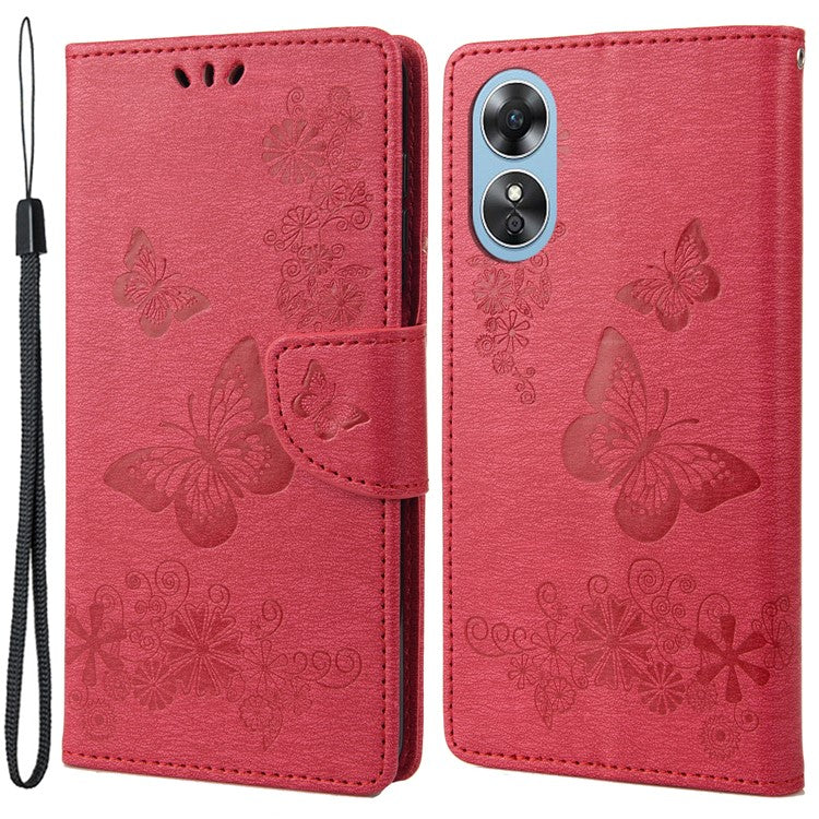 Mobile Phone Case for Oppo A17 4G / A17k 4G Wallet Phone Case Butterflies Flower Imprinting PU Leather Flip Folio Phone Cover with Stand - Red