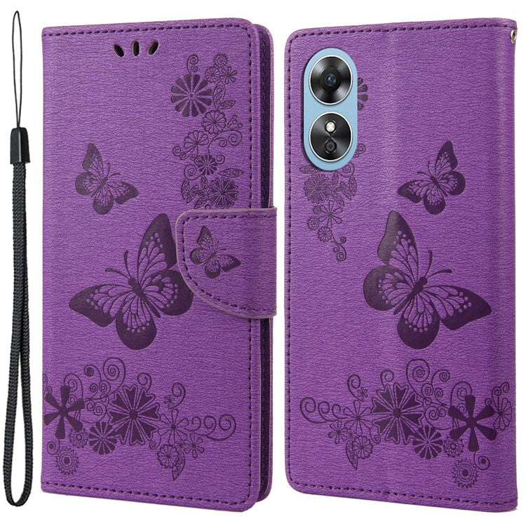 Mobile Phone Case for Oppo A17 4G / A17k 4G Wallet Phone Case Butterflies Flower Imprinting PU Leather Flip Folio Phone Cover with Stand - Purple