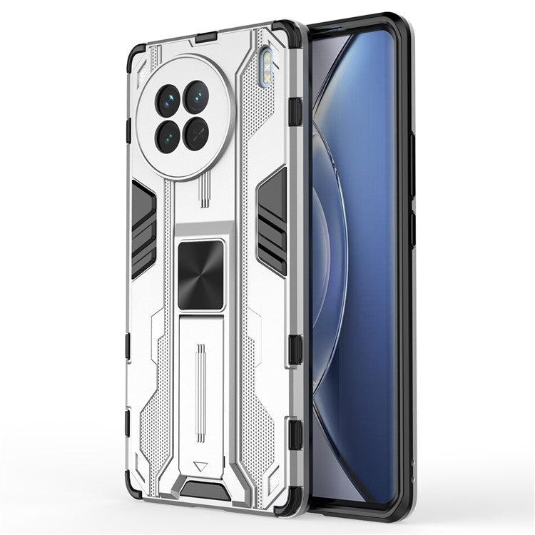 For vivo X90 5G Hard PC Soft TPU Dual Layer Anti-Drop Phone Case Camera Protection Kickstand Cover - Silver