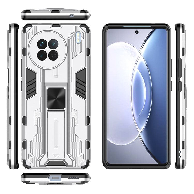 For vivo X90 5G Hard PC Soft TPU Dual Layer Anti-Drop Phone Case Camera Protection Kickstand Cover - Silver