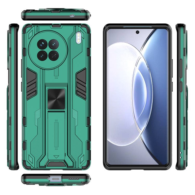 For vivo X90 5G Hard PC Soft TPU Dual Layer Anti-Drop Phone Case Camera Protection Kickstand Cover - Green