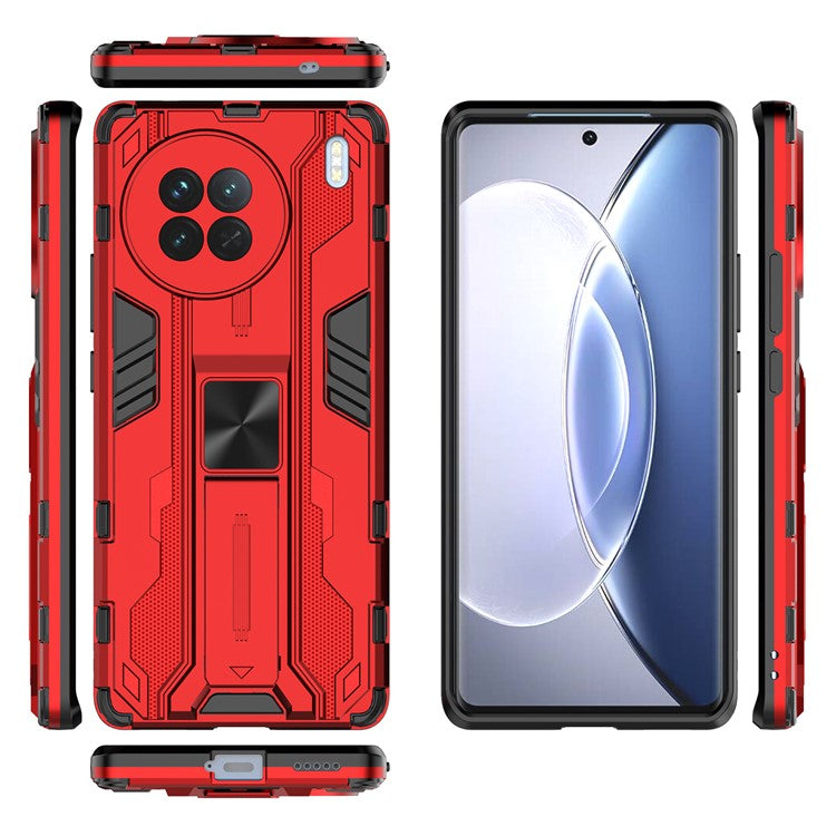 For vivo X90 5G Hard PC Soft TPU Dual Layer Anti-Drop Phone Case Camera Protection Kickstand Cover - Red