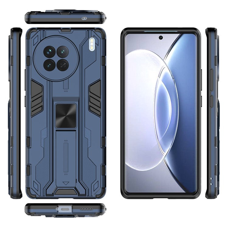 For vivo X90 5G Hard PC Soft TPU Dual Layer Anti-Drop Phone Case Camera Protection Kickstand Cover - Blue