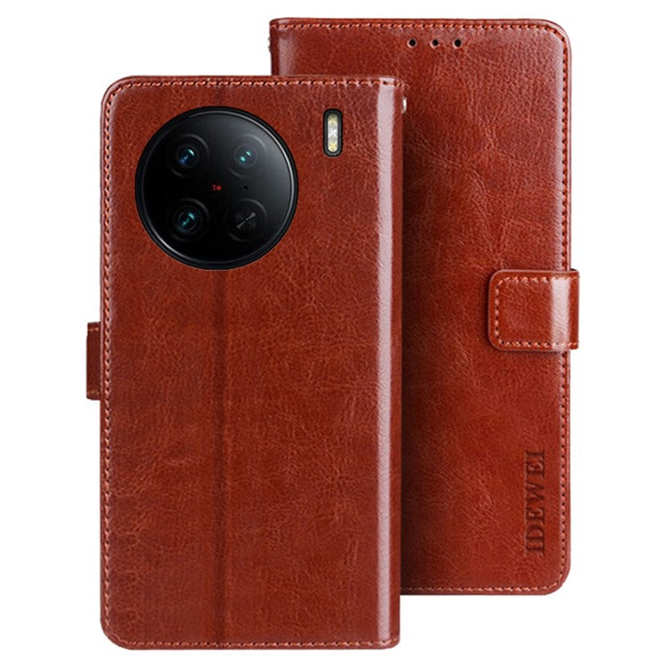 IDEWEI For vivo X90 Pro 5G Stand Feature Crazy Horse Texture PU Leather Flip Wallet Cover Phone Shell Shockproof Protective Case - Brown