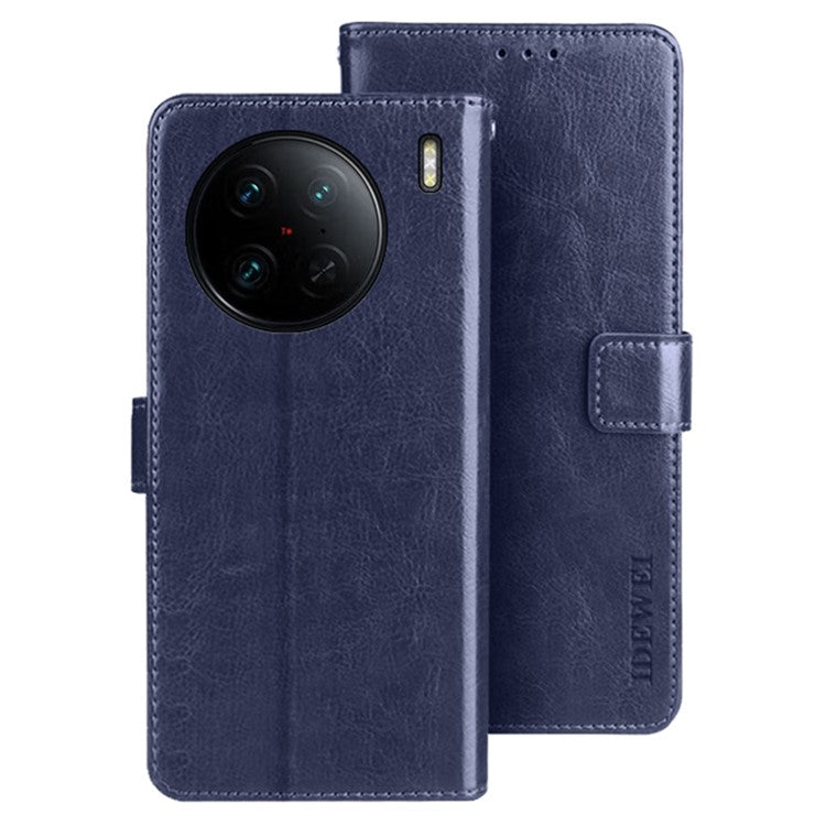 IDEWEI For vivo X90 Pro 5G Stand Feature Crazy Horse Texture PU Leather Flip Wallet Cover Phone Shell Shockproof Protective Case - Dark Blue