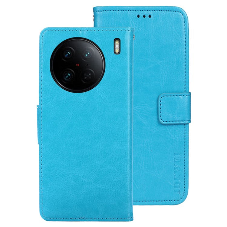 IDEWEI For vivo X90 Pro 5G Stand Feature Crazy Horse Texture PU Leather Flip Wallet Cover Phone Shell Shockproof Protective Case - Sky Blue