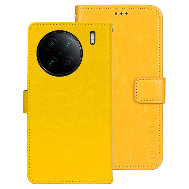 IDEWEI For vivo X90 Pro 5G Stand Feature Crazy Horse Texture PU Leather Flip Wallet Cover Phone Shell Shockproof Protective Case - Yellow