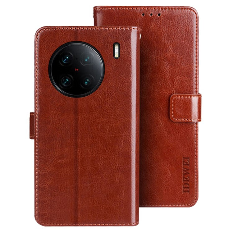 IDEWEI For vivo X90 Pro+ 5G Stand Feature Crazy Horse Texture PU Leather Flip Wallet Cover Phone Shell Drop Proof Protective Case - Brown