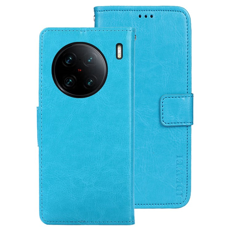 IDEWEI For vivo X90 Pro+ 5G Stand Feature Crazy Horse Texture PU Leather Flip Wallet Cover Phone Shell Drop Proof Protective Case - Sky Blue