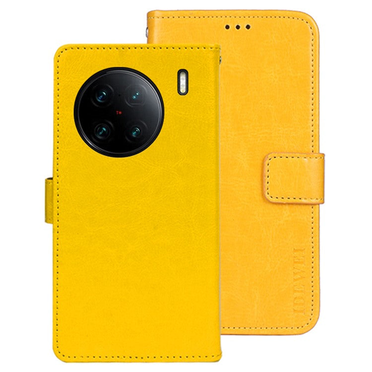 IDEWEI For vivo X90 Pro+ 5G Stand Feature Crazy Horse Texture PU Leather Flip Wallet Cover Phone Shell Drop Proof Protective Case - Yellow