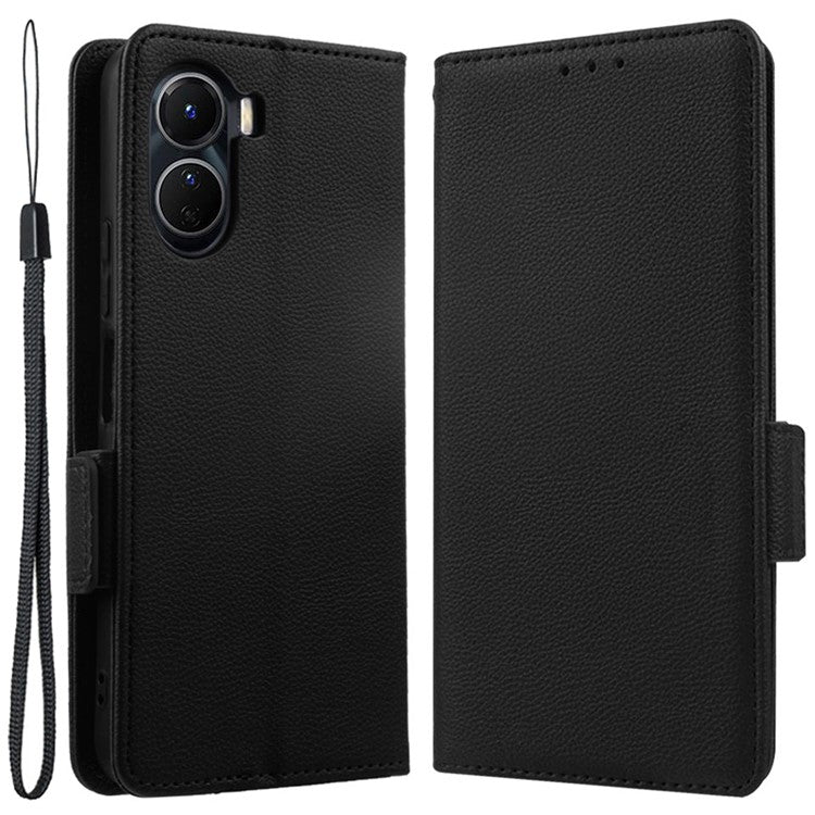 For vivo Y16 4G / Y02s 4G / Y35 5G / Y35m 5G / Y53t 5G / Y56 5G / iQOO Z7i / T2x (India) 5G Phone Case PU Leather Shockproof Flip Stand Magnetic Protective Cover Litchi Texture Wallet with Strap - Black