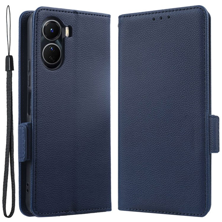 For vivo Y16 4G / Y02s 4G / Y35 5G / Y35m 5G / Y53t 5G / Y56 5G / iQOO Z7i / T2x (India) 5G Phone Case PU Leather Shockproof Flip Stand Magnetic Protective Cover Litchi Texture Wallet with Strap - Dark Blue