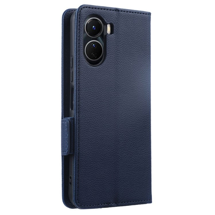 For vivo Y16 4G / Y02s 4G / Y35 5G / Y35m 5G / Y53t 5G / Y56 5G / iQOO Z7i / T2x (India) 5G Phone Case PU Leather Shockproof Flip Stand Magnetic Protective Cover Litchi Texture Wallet with Strap - Dark Blue