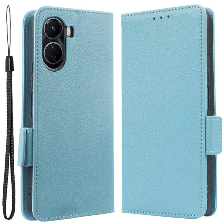 For vivo Y16 4G / Y02s 4G / Y35 5G / Y35m 5G / Y53t 5G / Y56 5G / iQOO Z7i / T2x (India) 5G Phone Case PU Leather Shockproof Flip Stand Magnetic Protective Cover Litchi Texture Wallet with Strap - Baby Blue