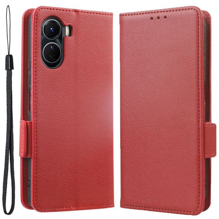 For vivo Y16 4G / Y02s 4G / Y35 5G / Y35m 5G / Y53t 5G / Y56 5G / iQOO Z7i / T2x (India) 5G Phone Case PU Leather Shockproof Flip Stand Magnetic Protective Cover Litchi Texture Wallet with Strap - Red