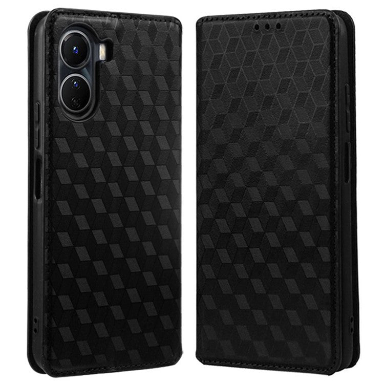 For vivo Y16 4G / Y02s 4G / Y35 5G / Y35m 5G / Y53t 5G / Y56 5G / iQOO Z7i / T2x (India) 5G Stand Wallet Phone Case, Full Coverage Imprinted Rhombus Pattern PU Leather Magnetic Auto-absorbed Folio Flip Cover - Black