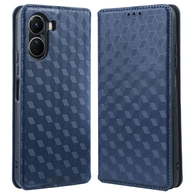 For vivo Y16 4G / Y02s 4G / Y35 5G / Y35m 5G / Y53t 5G / Y56 5G / iQOO Z7i / T2x (India) 5G Stand Wallet Phone Case, Full Coverage Imprinted Rhombus Pattern PU Leather Magnetic Auto-absorbed Folio Flip Cover - Blue