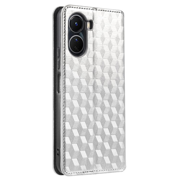 For vivo Y16 4G / Y02s 4G / Y35 5G / Y35m 5G / Y53t 5G / Y56 5G / iQOO Z7i / T2x (India) 5G Stand Wallet Phone Case, Full Coverage Imprinted Rhombus Pattern PU Leather Magnetic Auto-absorbed Folio Flip Cover - Silver