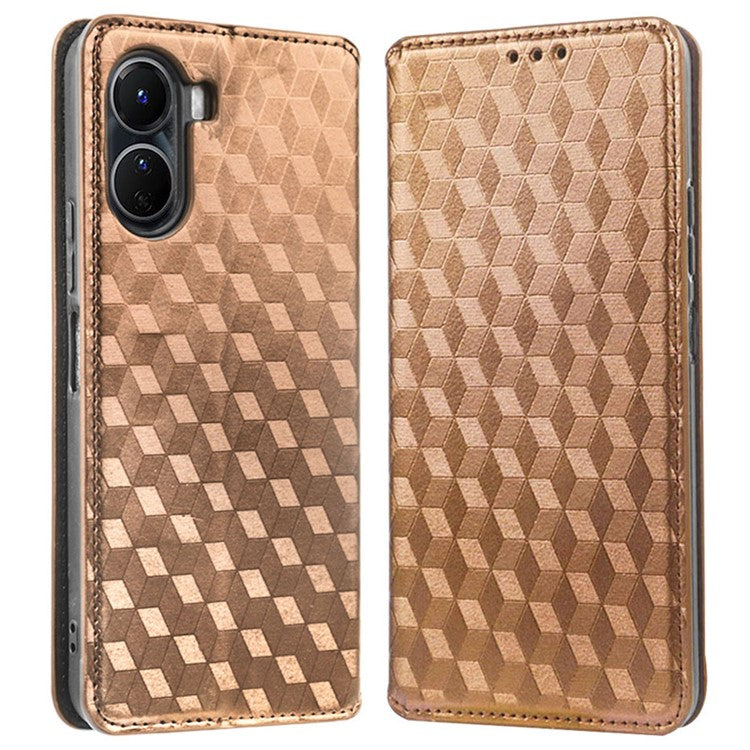 For vivo Y16 4G / Y02s 4G / Y35 5G / Y35m 5G / Y53t 5G / Y56 5G / iQOO Z7i / T2x (India) 5G Stand Wallet Phone Case, Full Coverage Imprinted Rhombus Pattern PU Leather Magnetic Auto-absorbed Folio Flip Cover - Brown