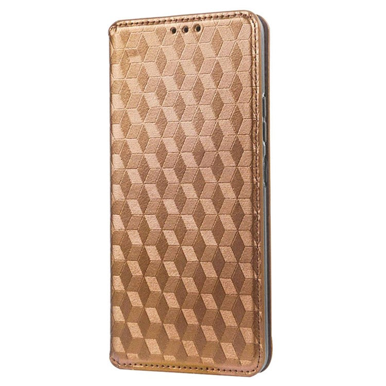 For vivo Y16 4G / Y02s 4G / Y35 5G / Y35m 5G / Y53t 5G / Y56 5G / iQOO Z7i / T2x (India) 5G Stand Wallet Phone Case, Full Coverage Imprinted Rhombus Pattern PU Leather Magnetic Auto-absorbed Folio Flip Cover - Brown