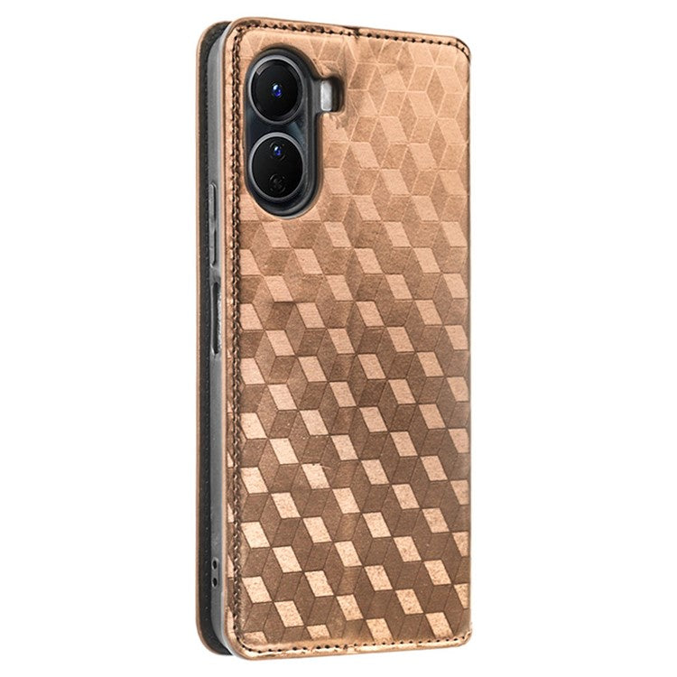 For vivo Y16 4G / Y02s 4G / Y35 5G / Y35m 5G / Y53t 5G / Y56 5G / iQOO Z7i / T2x (India) 5G Stand Wallet Phone Case, Full Coverage Imprinted Rhombus Pattern PU Leather Magnetic Auto-absorbed Folio Flip Cover - Brown