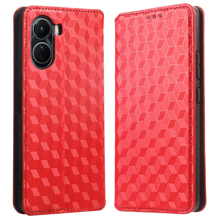 For vivo Y16 4G / Y02s 4G / Y35 5G / Y35m 5G / Y53t 5G / Y56 5G / iQOO Z7i / T2x (India) 5G Stand Wallet Phone Case, Full Coverage Imprinted Rhombus Pattern PU Leather Magnetic Auto-absorbed Folio Flip Cover - Red